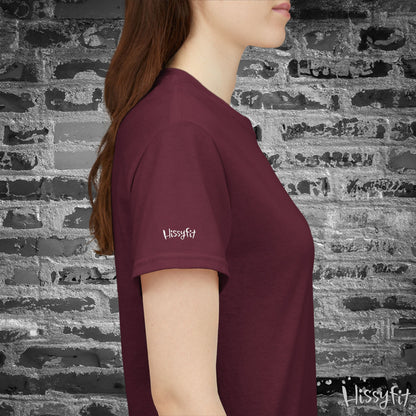 Person wearing a maroon t-shirt with 'Hissyfit' logo against a brick wall.