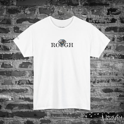 White t-shirt with 'ROUGH' text and diamond graphic on a brick wall background