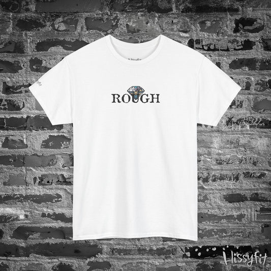 White t-shirt with 'ROUGH' text and diamond graphic on a brick wall background