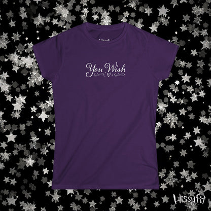 Purple t-shirt with 'You Wish' text on a star-patterned background