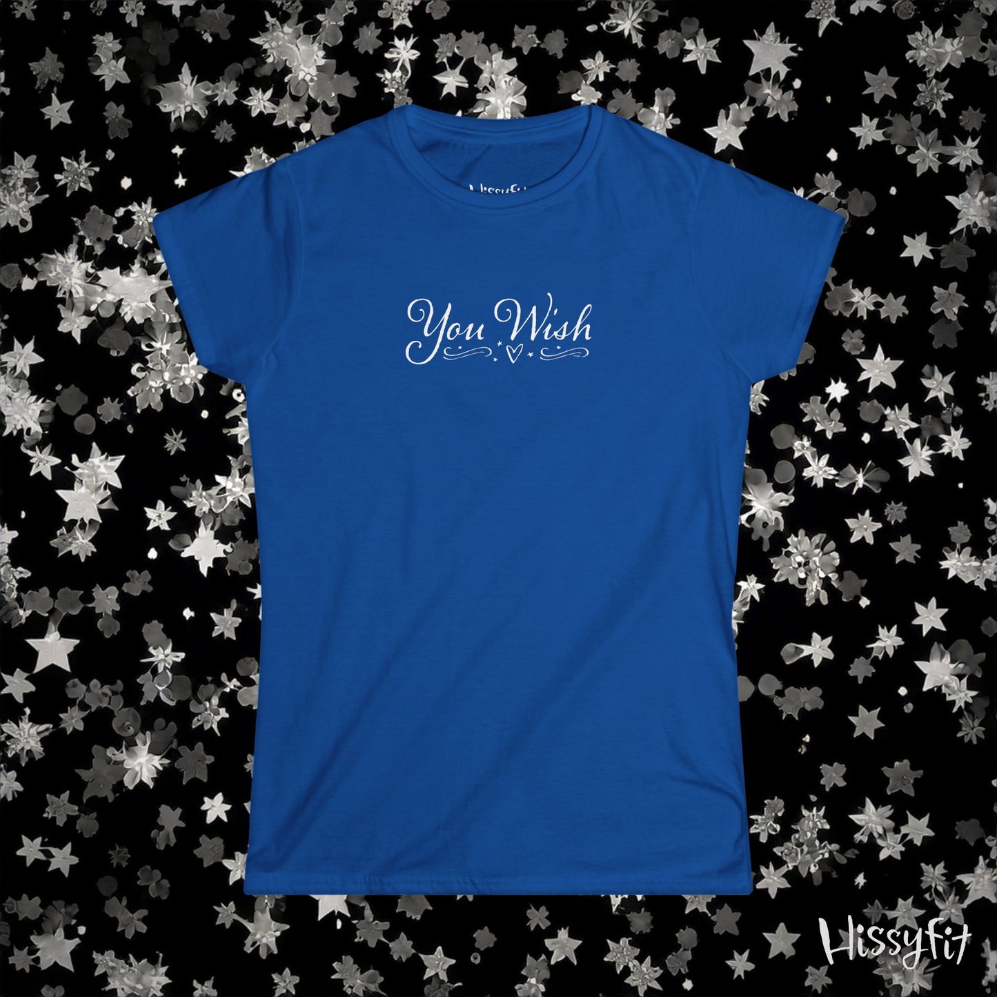 Blue t-shirt with 'You Wish' text on a black background with star patterns