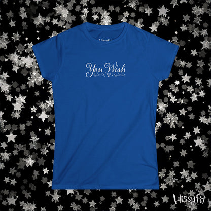 Blue t-shirt with 'You Wish' text on a black background with star patterns