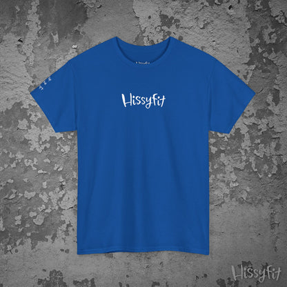 Blue t-shirt with 'Hissyfit' logo on a textured gray background