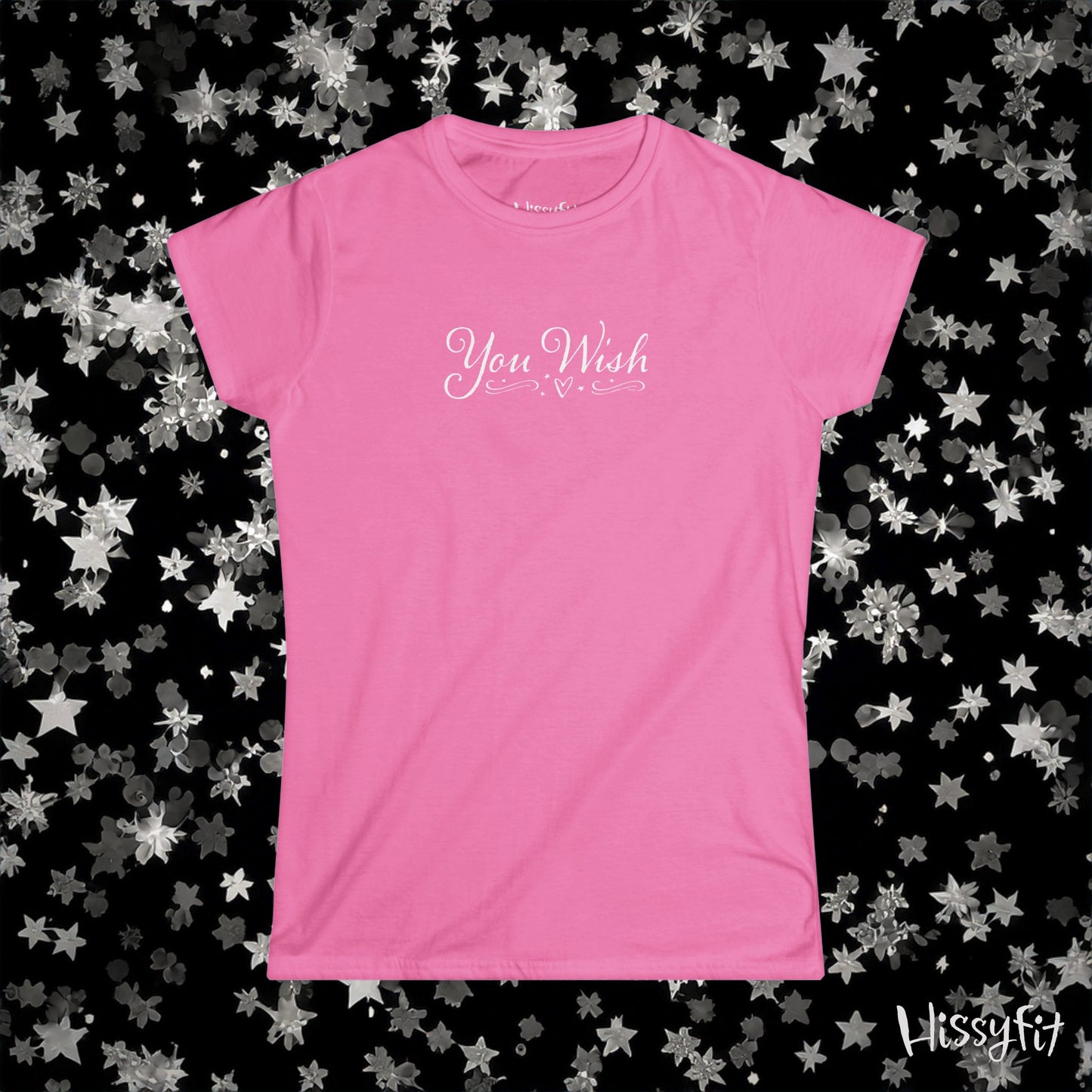 Pink t-shirt with 'You Wish' text on a black background with star patterns