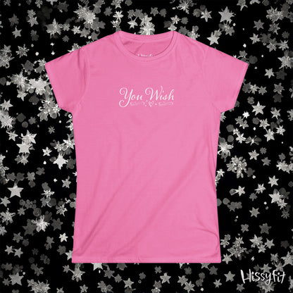 Pink t-shirt with 'You Wish' text on a black background with star patterns