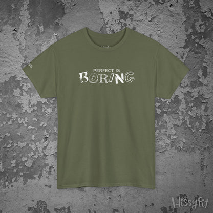Green t-shirt with 'PERFECT IS BORING' text on a textured gray background