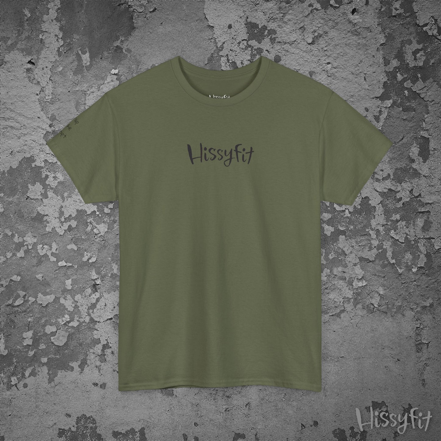 Green t-shirt with 'Hissyfit' logo on a textured gray background
