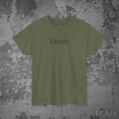 Green t-shirt with 'Hissyfit' logo on a textured gray background