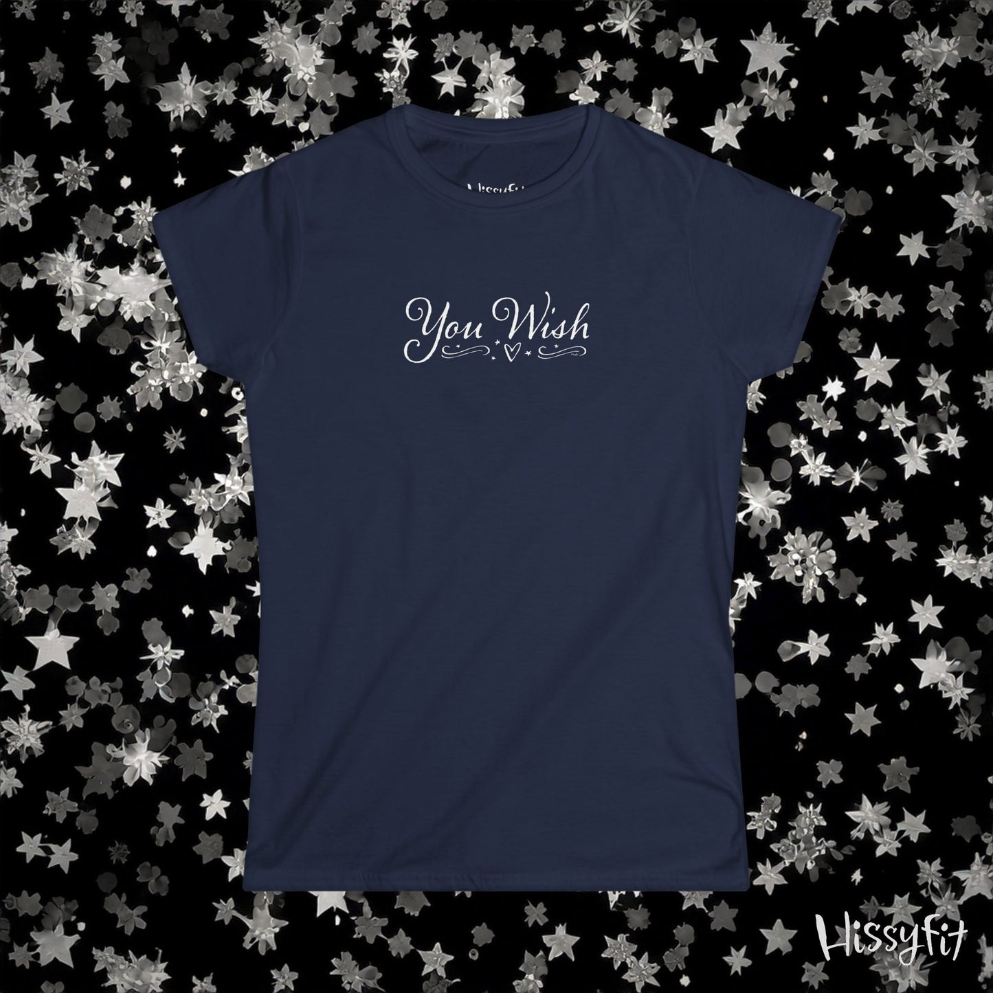 Navy blue t-shirt with 'You Wish' text on a star-patterned background