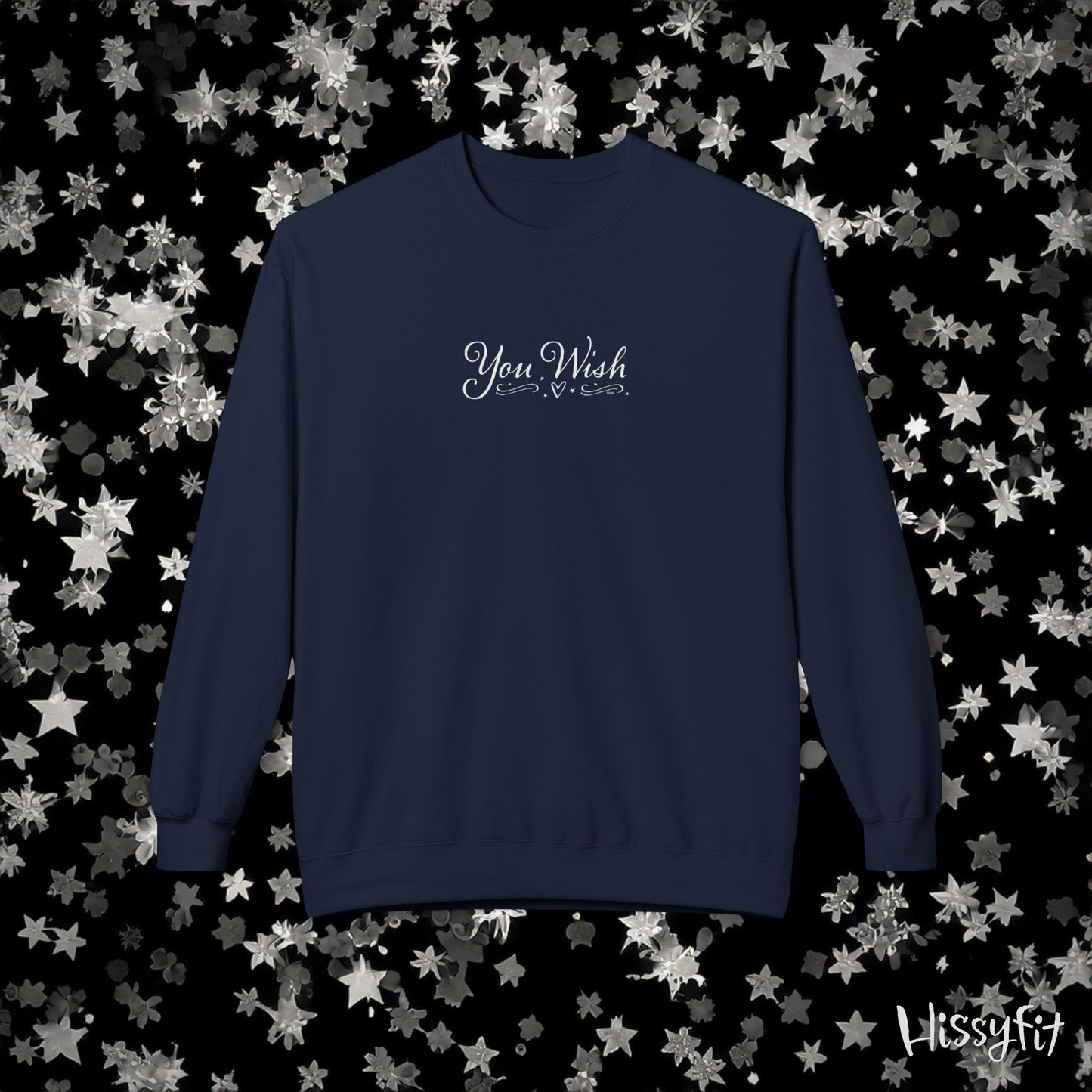 Navy blue sweatshirt with 'You Wish' text on a star-patterned background