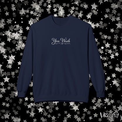 Navy blue sweatshirt with 'You Wish' text on a star-patterned background
