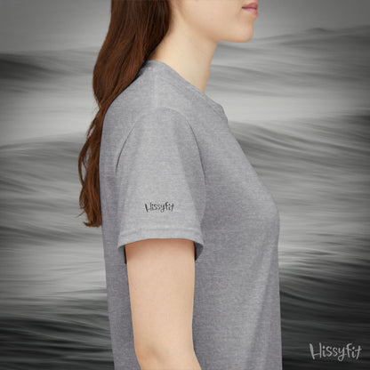 Person wearing a gray Hissyfit t-shirt with a blurred background