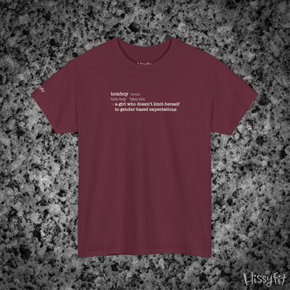 Maroon t-shirt with text 'Tomboy:definition' on a gray and black speckled background, featuring the brand 'Hissyfit'.
