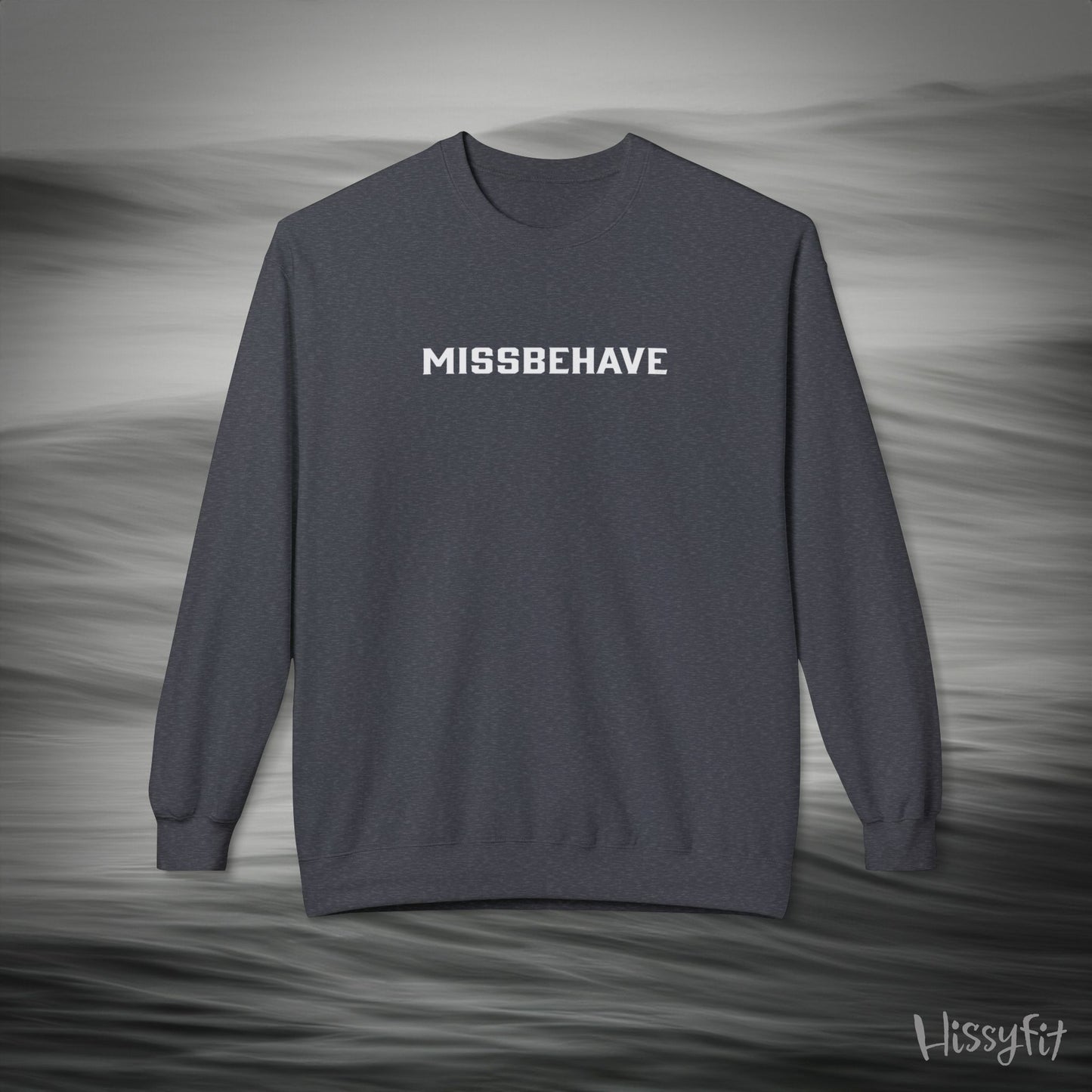 Gray sweatshirt with 'MISSBEHAVE' text on a gray background