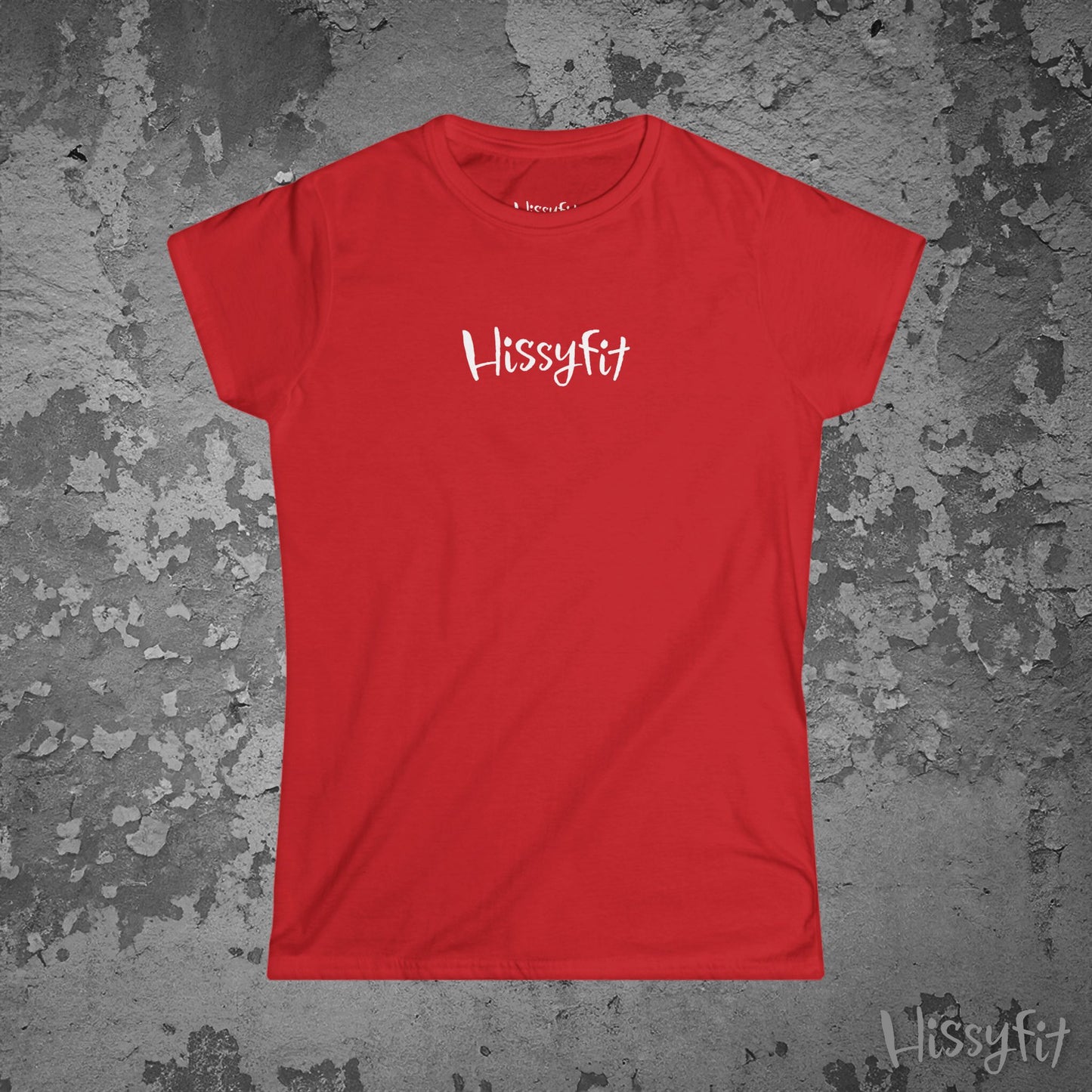 Red t-shirt with 'Hissyfit' logo on a textured gray background