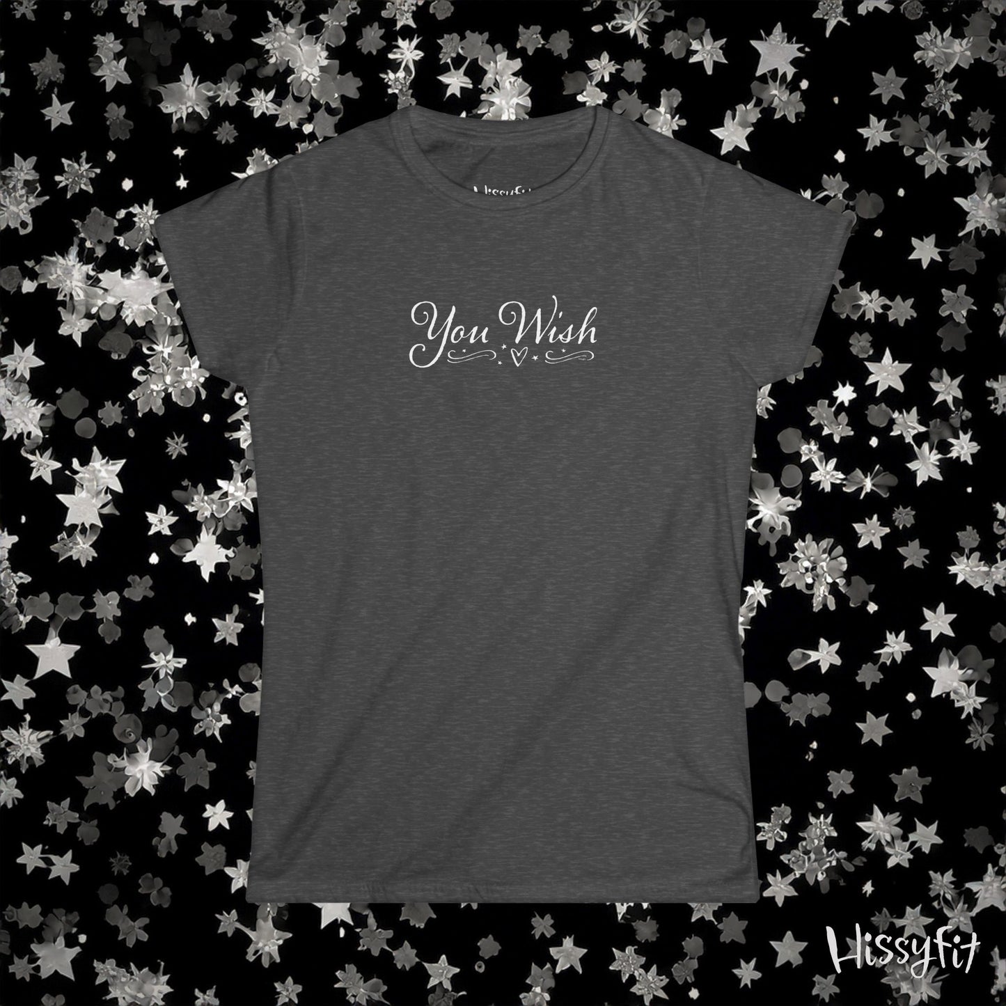 Dark gray t-shirt with 'You Wish' text on a black background with star patterns