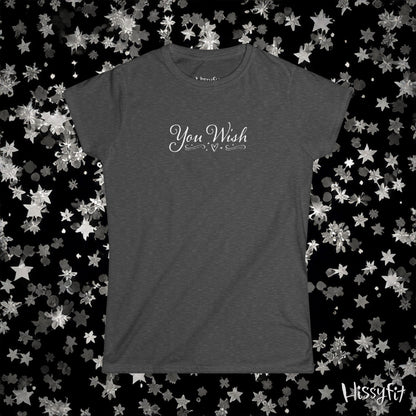 Dark gray t-shirt with 'You Wish' text on a black background with star patterns