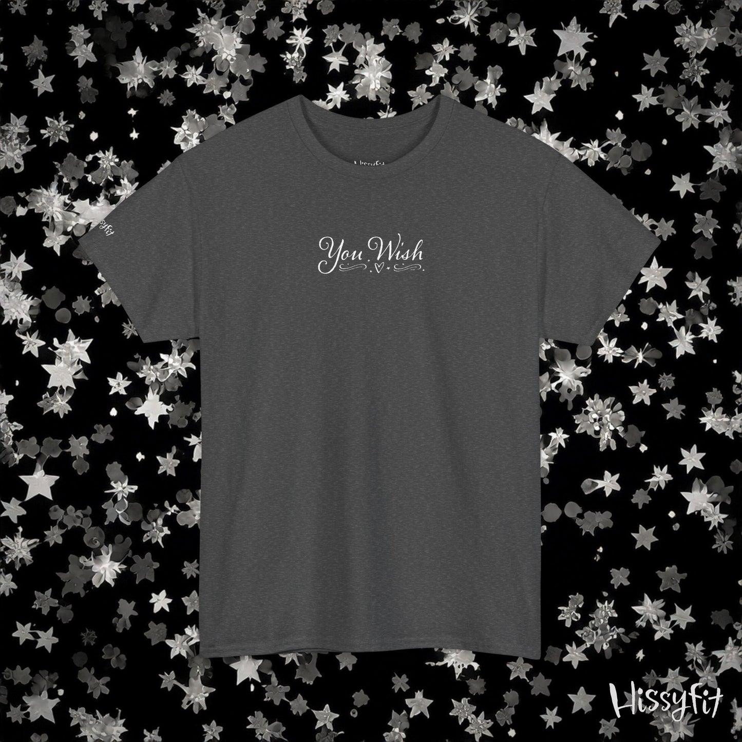 Dark gray t-shirt with 'You Wish' text on a black background with star patterns