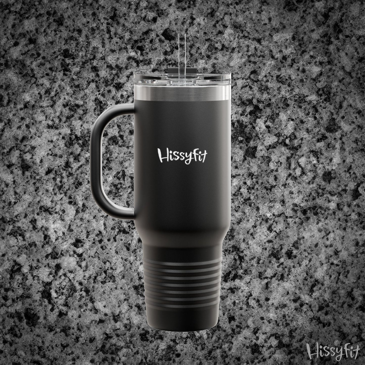 Black travel mug with 'Hissyfit' branding on a gray granite background