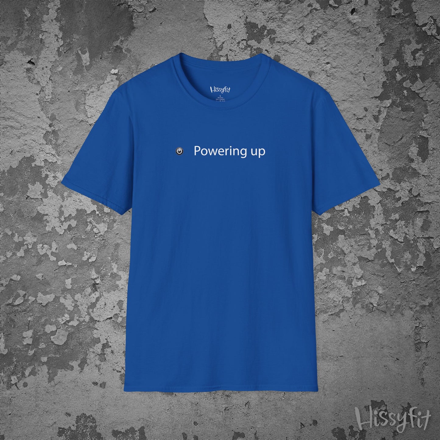 Blue t-shirt with 'Powering up' text on a textured gray background