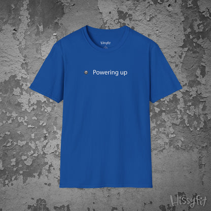 Blue t-shirt with 'Powering up' text on a textured gray background