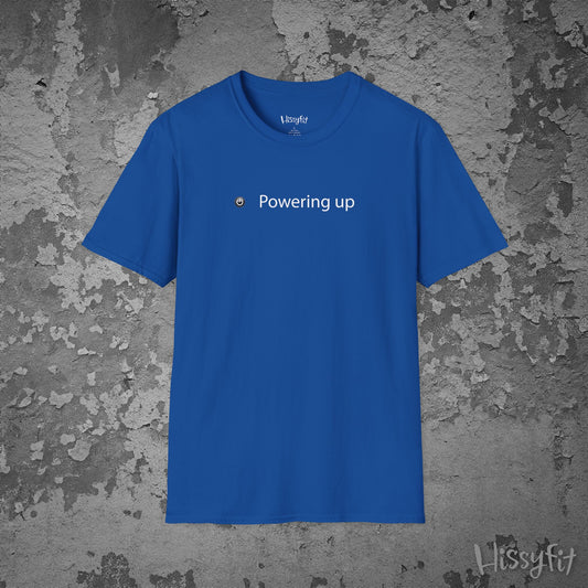 Blue t-shirt with 'Powering up' text on a textured gray background