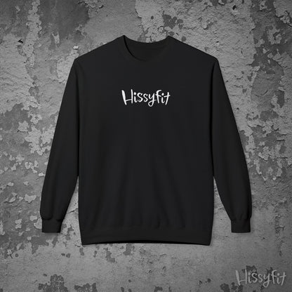 Black sweatshirt with 'Hissyfit' text on a textured gray background