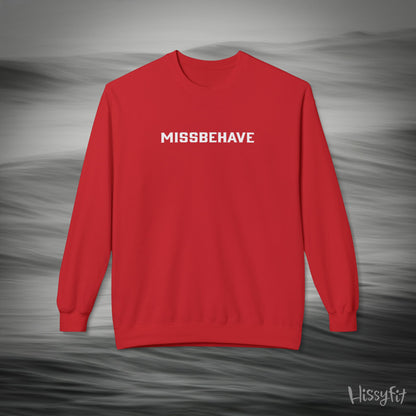Red sweatshirt with 'MISSBEHAVE' text on a gray background