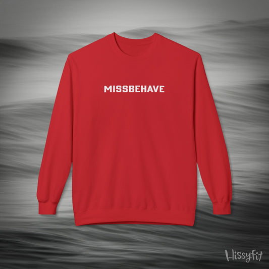 Red sweatshirt with 'MISSBEHAVE' text on a gray background