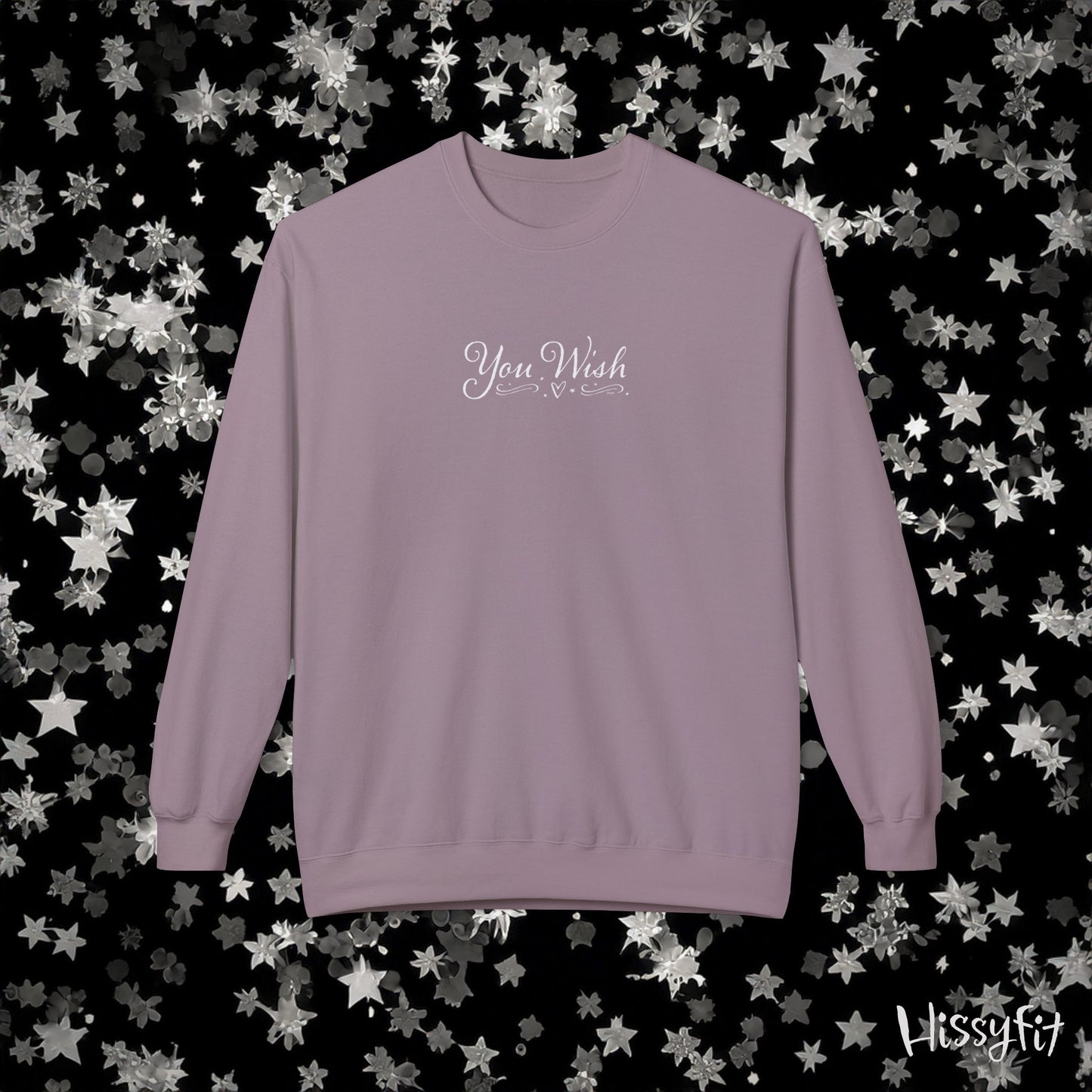 Purple sweatshirt with 'You Wish' text on a star-patterned background