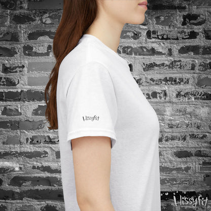 Person wearing a white t-shirt with 'Hissyfit' logo against a textured wall.
