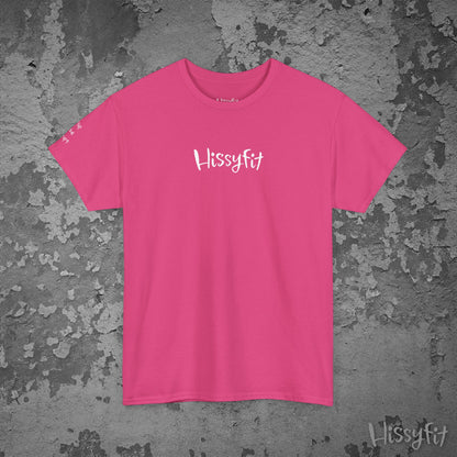 Pink t-shirt with 'Hissyfit' logo on a textured gray background