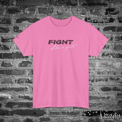 Pink t-shirt with 'Fight Like a Girl' text on a brick wall background