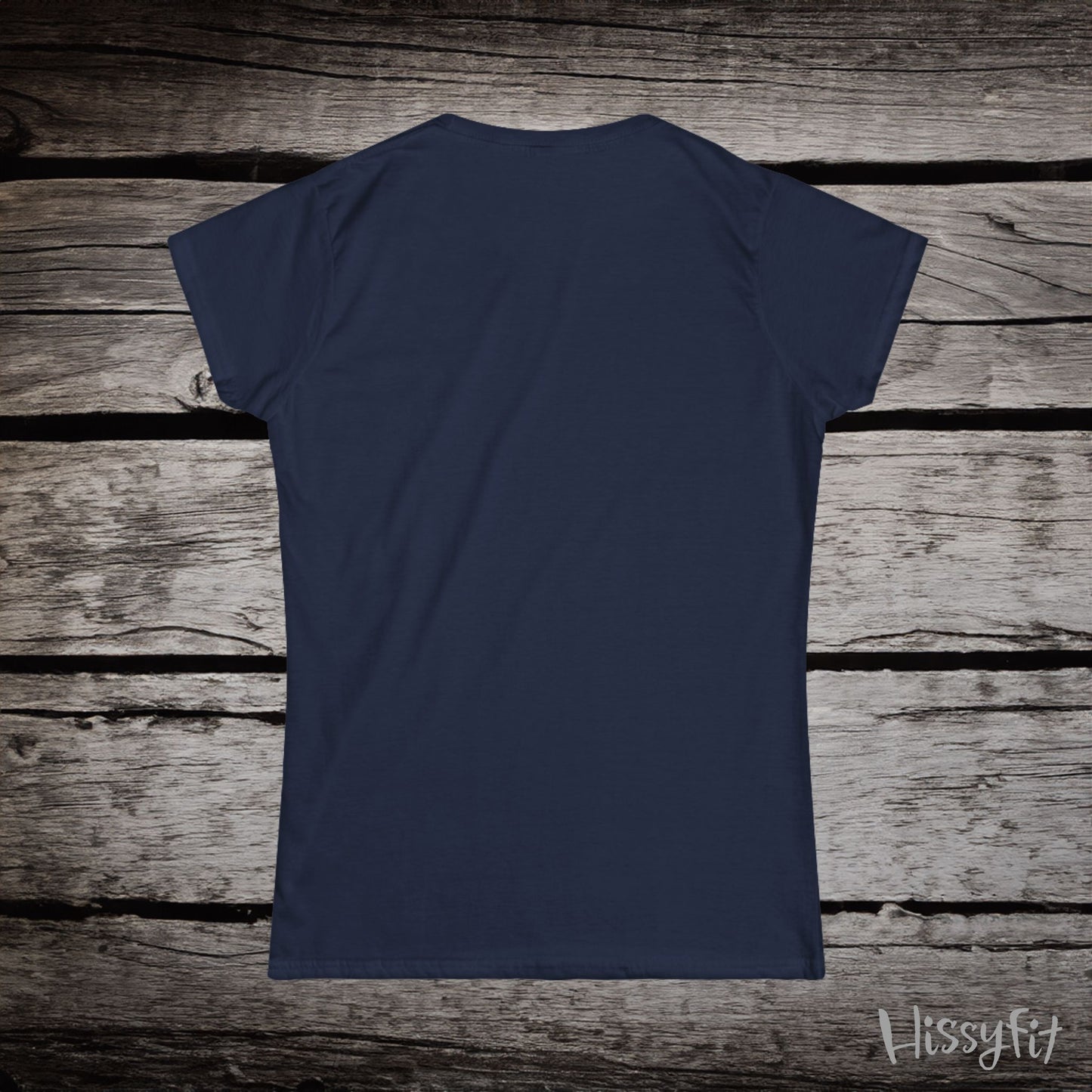 Navy blue t-shirt on a wooden surface with 'Hissyfit' branding.