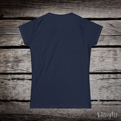 Navy blue t-shirt on a wooden surface with 'Hissyfit' branding.