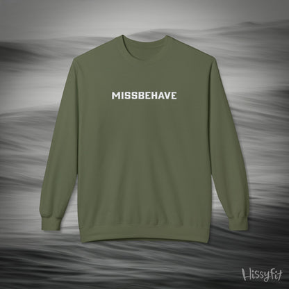 Green sweatshirt with 'MISSBEHAVE' text on a gray background
