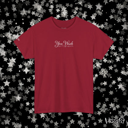 Red t-shirt with 'You Wish' text on a black background with star patterns