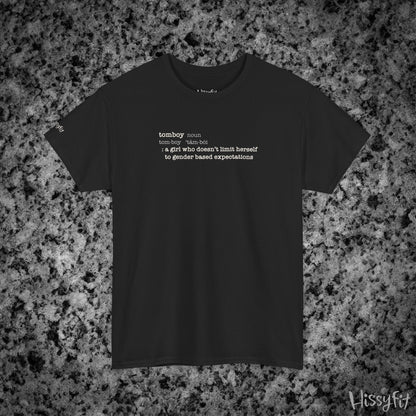 Black t-shirt with text 'Tomboy:definition' on a gray and black speckled background, featuring the brand 'Hissyfit'.