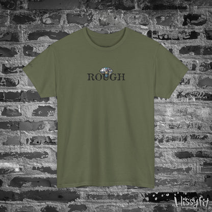 Green t-shirt with 'ROUGH' text and diamond graphic on a stone wall background