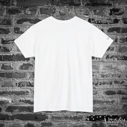 White t-shirt on a brick wall with 'Hissyfit' branding.