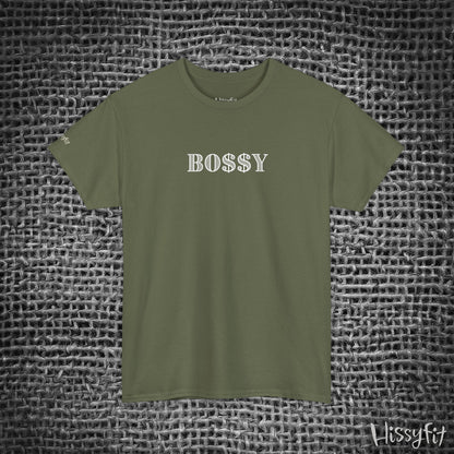 Green t-shirt with 'BOSSY' text on a textured gray background