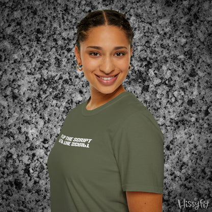 Person wearing a green t-shirt with text 'Flip the script' on a gray textured background