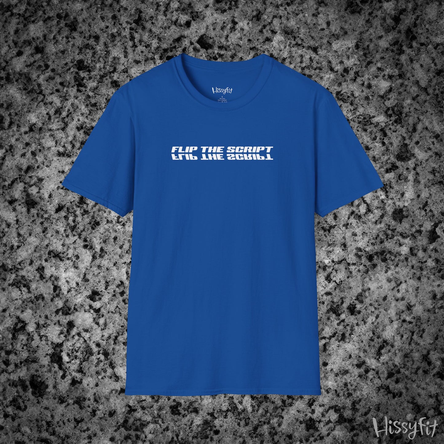 Blue t-shirt with 'FLIP THE SCRIPT' text on a textured gray background