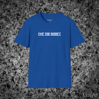 Blue t-shirt with 'FLIP THE SCRIPT' text on a textured gray background