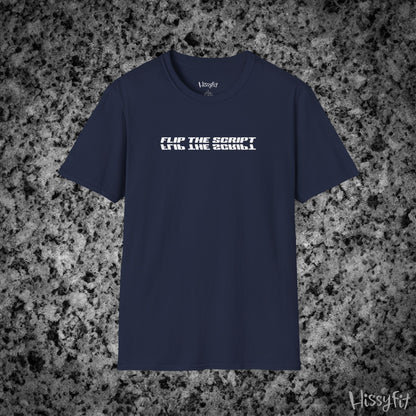 Navy blue t-shirt with white text 'Flip the script' on a gray granite surface