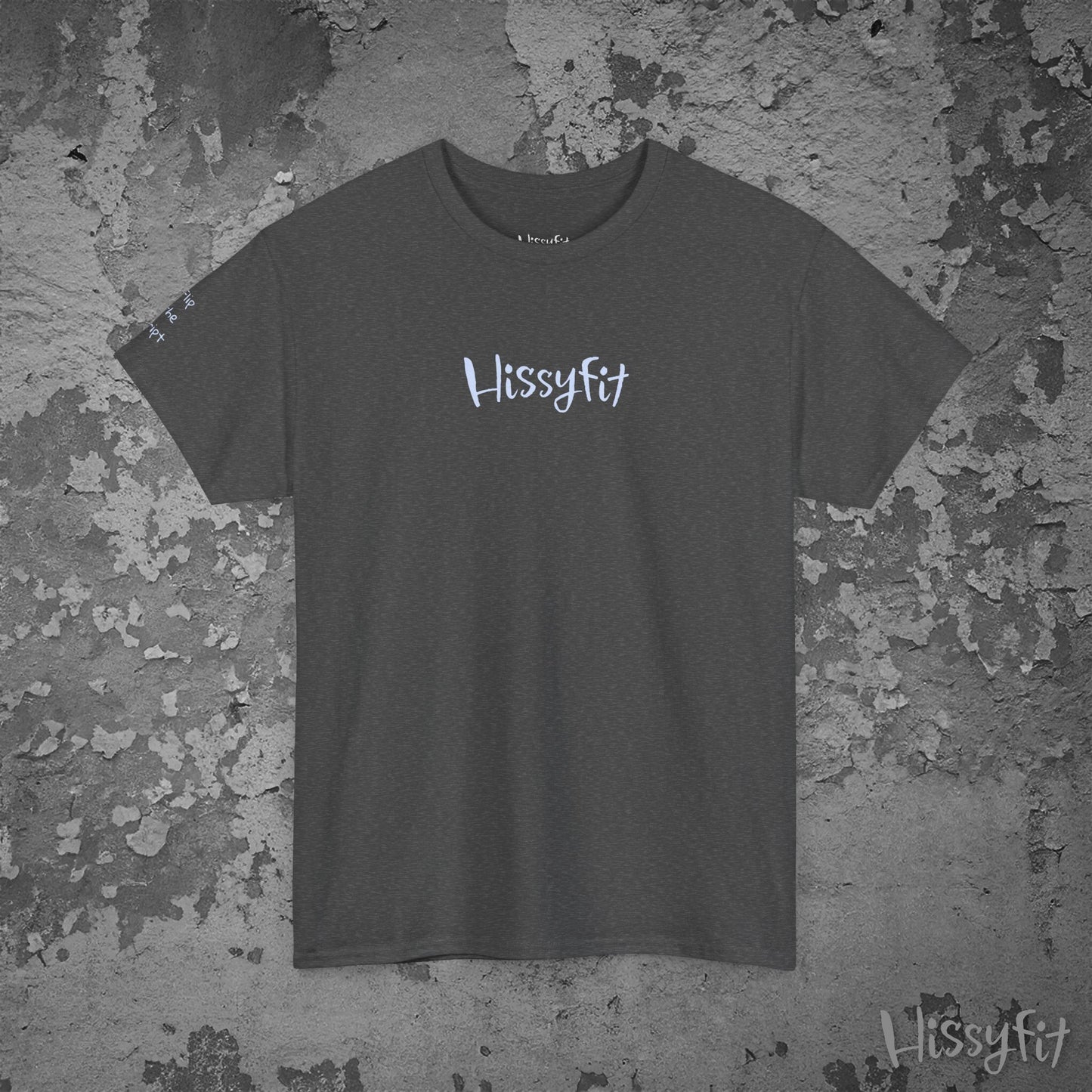 Gray t-shirt with 'Hissyfit' logo on a textured gray background