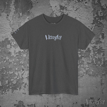 Gray t-shirt with 'Hissyfit' logo on a textured gray background