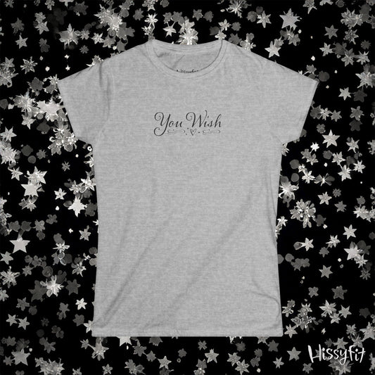 Gray t-shirt with 'You Wish' text on a black background with star patterns
