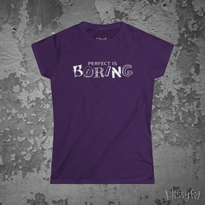 Purple t-shirt with 'PERFECT IS BORING' text on a textured gray background