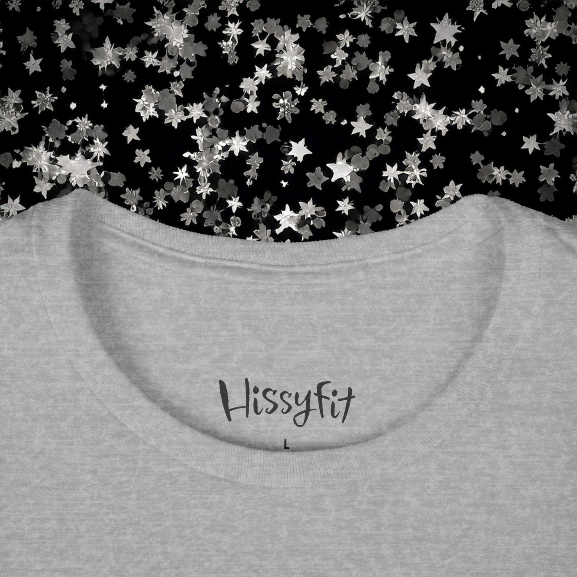 Gray t-shirt with 'Hissyfit' branding against a black background with silver stars.
